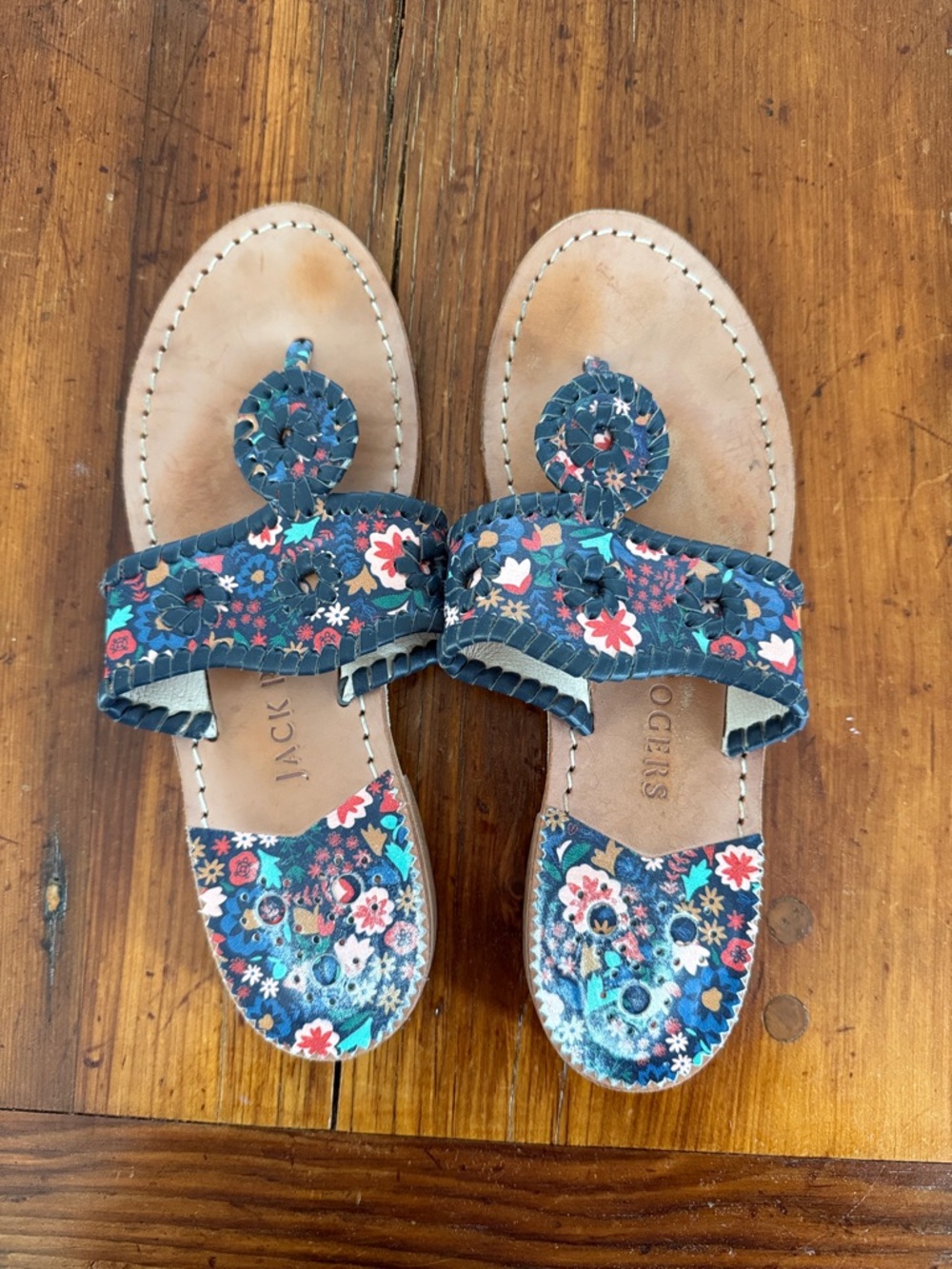 Jack Rogers Navy Floral Leather Thong Sandals